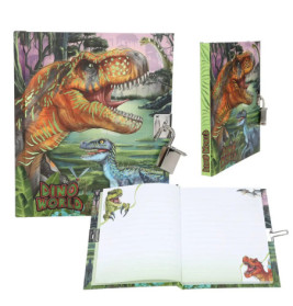 Farbiges Dino World Tagebuch mit T. Rex auf dem Cover, Schloss und linierten Seiten mit Dinosaurier-Illustrationen.