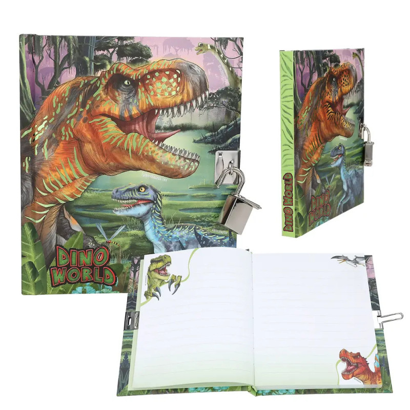 Farbiges Dino World Tagebuch mit T. Rex auf dem Cover, Schloss und linierten Seiten mit Dinosaurier-Illustrationen.