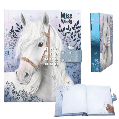 Notizbuch mit weißem Pferdemotiv, Miss Melody-Schriftzug und blauem Schloss. Die Seiten sind aufgeschlagen.