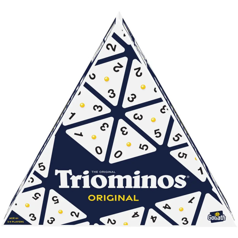 Dreieckige Triominos-Spielschachtel mit nummerierten Dreiecksteinen und Goliath-Logo.