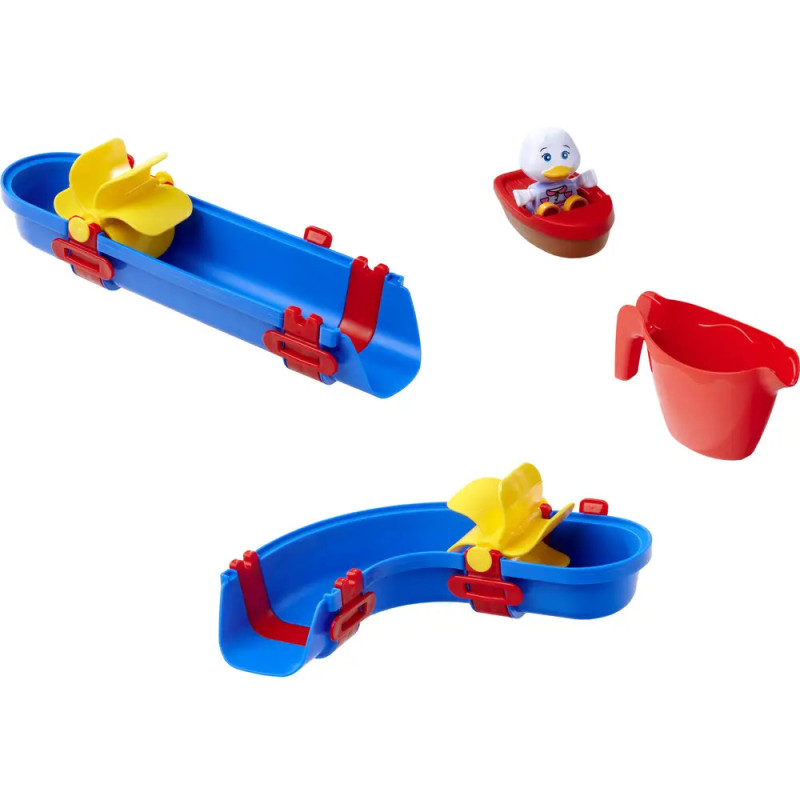 Blaues Wasserspielzeug-Set mit gelben Booten, rotem Becher und einer kleinen Ente im roten Boot.