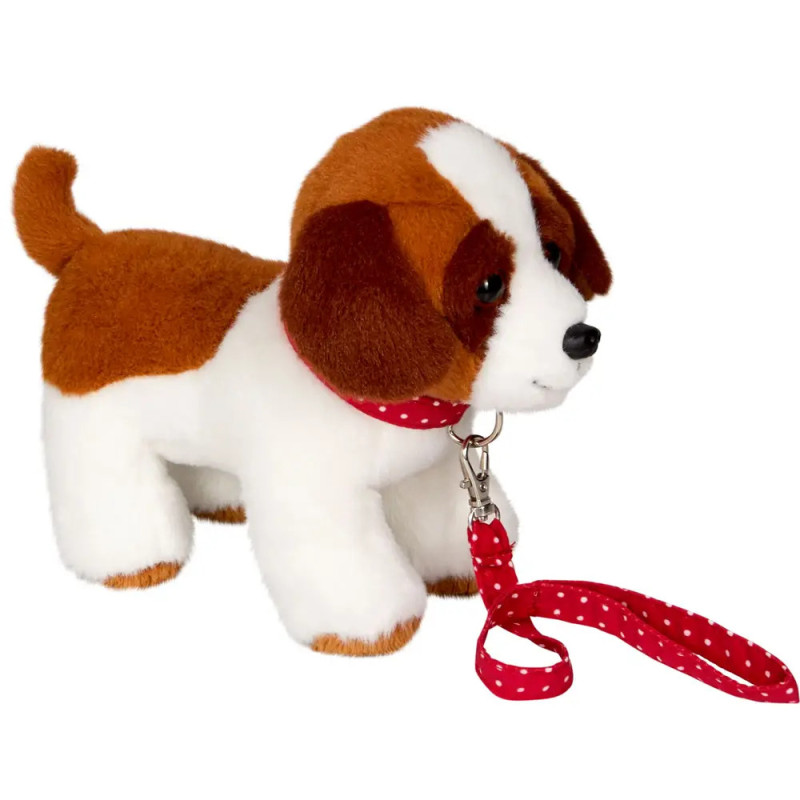 Plüschhund in Braun und Weiß mit rot-weiß gepunkteter Leine und Halsband, nach rechts gewandt.