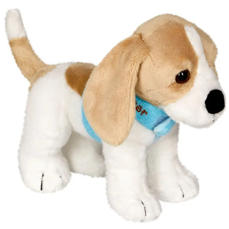 Plüsch-Beagle mit braun-weißem Fell, blauem Halsband und Schlappohren steht aufrecht.