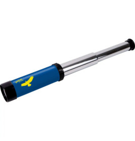 Ein blau-silbernes Handfernrohr mit gelbem Vogel-Logo an der Seite.