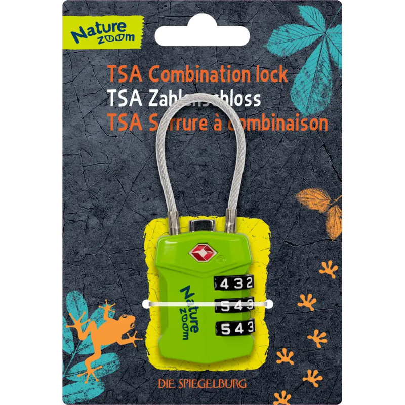Grünes TSA-Zahlenschloss in Verpackung mit Nature Zoom-Branding sowie abgebildeten Blättern und Frosch.