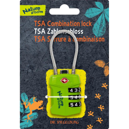 Grünes TSA-Zahlenschloss in Verpackung mit Nature Zoom-Branding sowie abgebildeten Blättern und Frosch.
