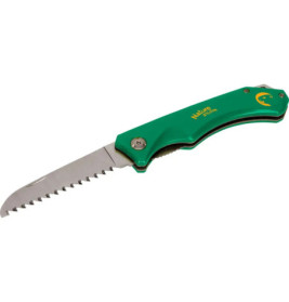 Grüne Klappsäge mit gezahnter Klinge und Nature Zoom-Aufdruck am Griff.