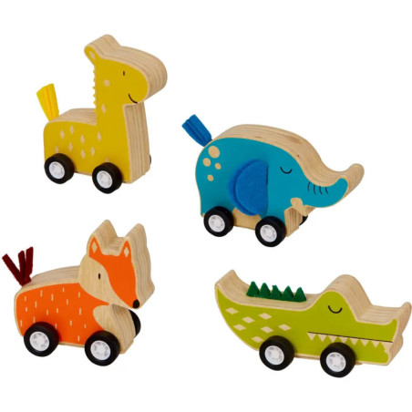 Vier bunte Holz-Tierautos: Giraffe, Elefant, Fuchs und Krokodil.