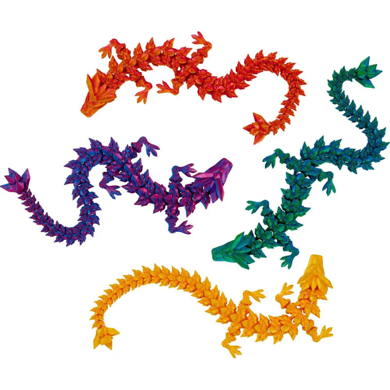 Coppenrath Verlag Kristall-Drache: Vier drachenförmige Figuren in Rot, Lila, Grün und Gelb mit beweglichen Gelenken.