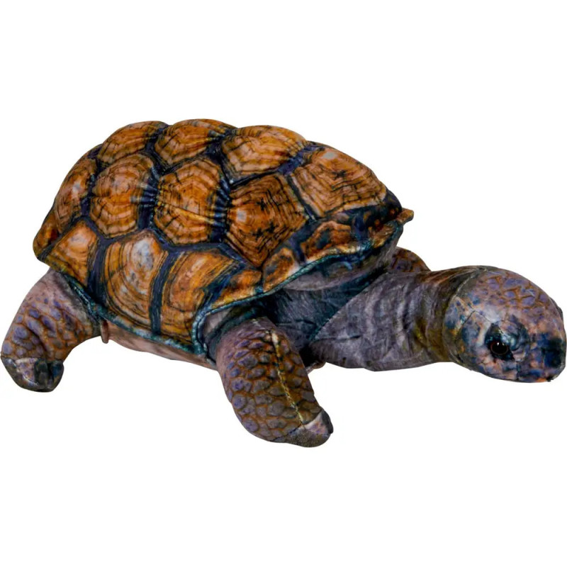 Ein Plüschtier in Form einer Schildkröte mit braunem Panzer sowie grau strukturierten Beinen und Kopf. Ein Plüschtier in Form einer Schildkröte mit braunem Panzer sowie grau strukturierten Beinen und Kopf.