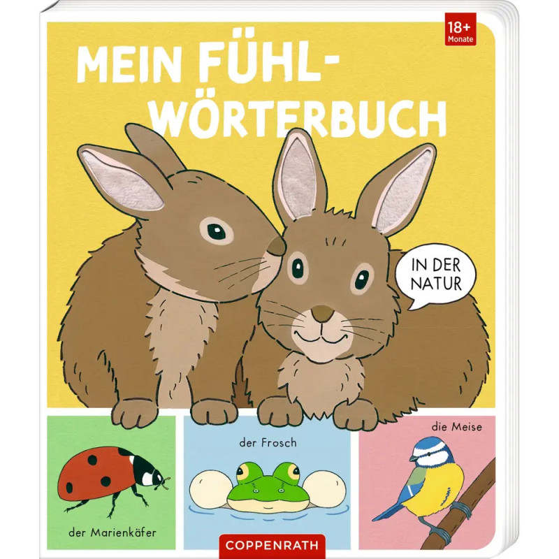 Cover eines deutschen Kinderbuchs mit zwei Kaninchen und kleinen Tieren, Titel: Mein Fühl-Wörterbuch. Cover eines deutschen Kinderbuchs mit zwei Kaninchen und kleinen Tieren, Titel: Mein Fühl-Wörterbuch.
