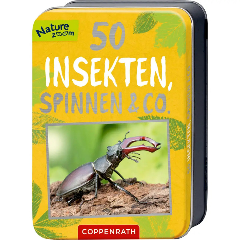 Gelbe Blechdose mit Aufschrift 50 Insekten, Spinnen & Co. und einem Hirschkäfer auf der Vorderseite.