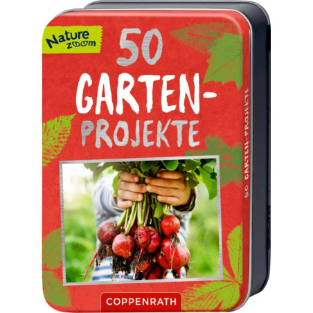 Rote Blechdose mit der Aufschrift 50 Garten-Projekte und einem Foto von Händen, die frische Rote Bete halten.