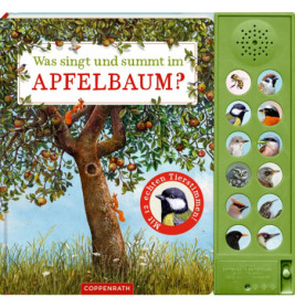 Kinderbuchcover mit Apfelbaum, Vögeln und Soundknöpfen, die jeweils verschiedene Vogelbilder zeigen.