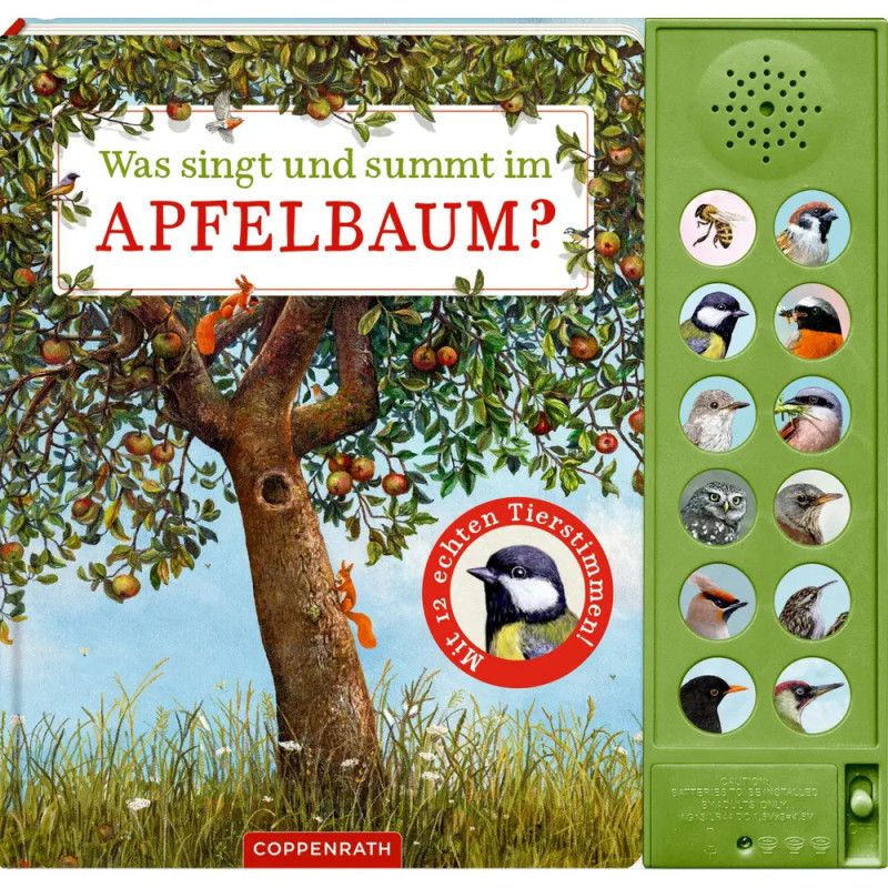 Kinderbuchcover mit Apfelbaum, Vögeln und Soundknöpfen, die jeweils verschiedene Vogelbilder zeigen.