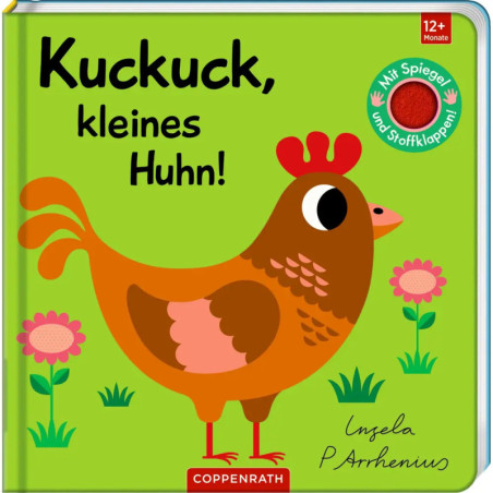 Buchcover mit braunem Huhn, Blumen und dem deutschen Titel Kuckuck, kleines Huhn!.