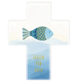 Kreuzförmige Plakette mit blauem Fisch und goldener Aufschrift SEGEN FÜR DICH.