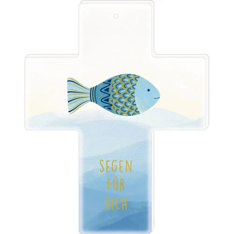Kreuzförmige Plakette mit blauem Fisch und goldener Aufschrift SEGEN FÜR DICH.