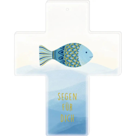Kreuzförmige Plakette mit blauem Fisch und goldener Aufschrift SEGEN FÜR DICH.