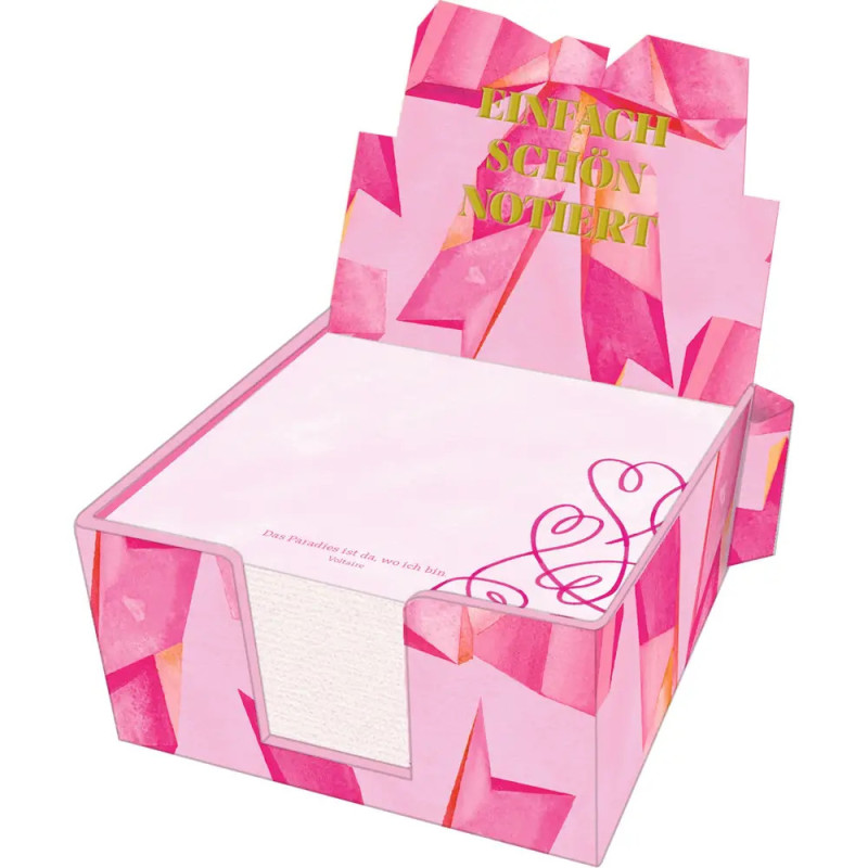 Pinker Notizblockhalter mit goldener Aufschrift EINFACH SCHÖN NOTIERT und geometrischem Muster.