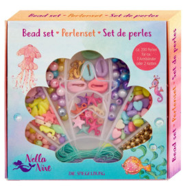 Buntes Perlenset in Muschelform mit verschiedenen Perlen und maritimen Motiven zum Schmuckbasteln.