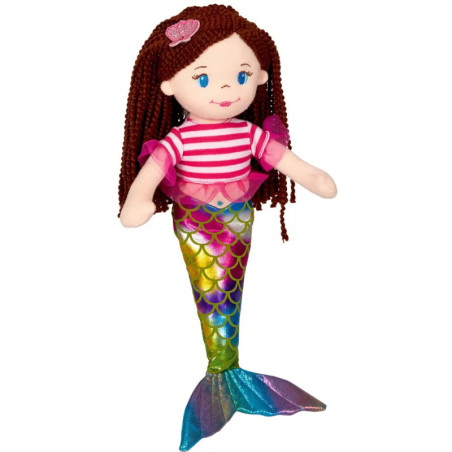 Stoff-Meerjungfrau mit braunen Haaren, rosa gestreiftem Oberteil und schimmerndem, regenbogenfarbenem Fischschwanz.