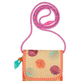 Kleine gewebte Tasche mit bunten Muschelmustern und pink-lila Schulterriemen.
