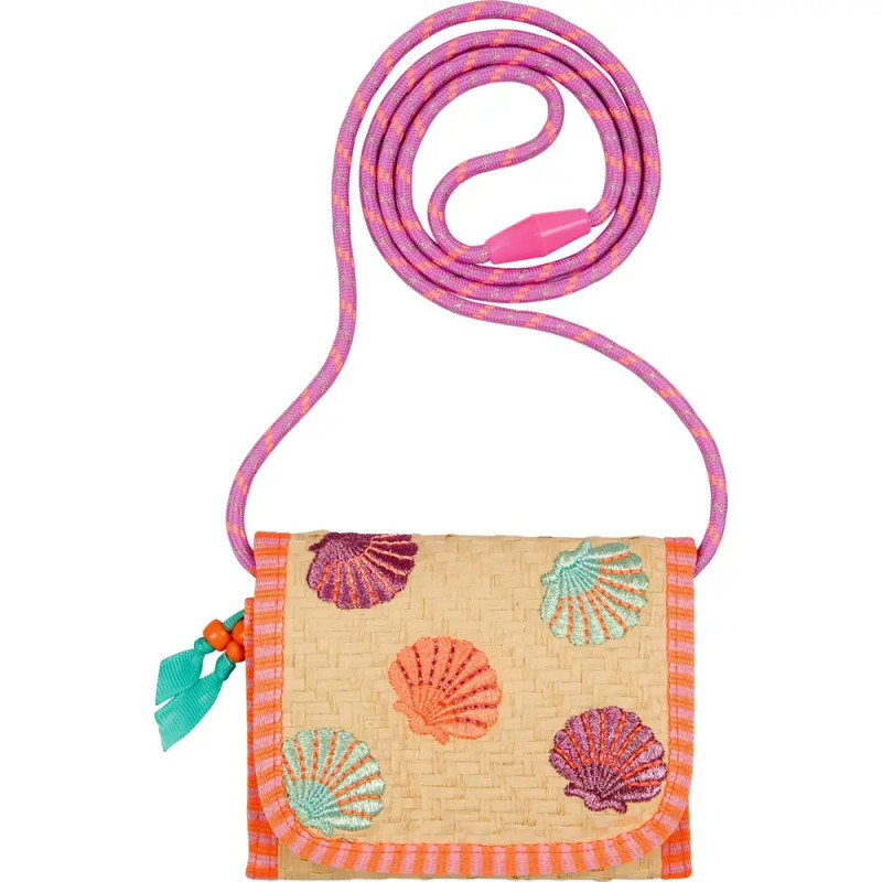 Kleine gewebte Tasche mit bunten Muschelmustern und pink-lila Schulterriemen.