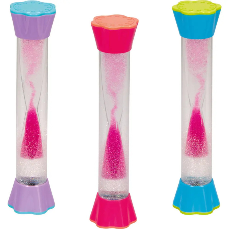 Drei bunte Flüssigkeits-Timer mit pinkem Glitzer und jeweils andersfarbigen Kappen.