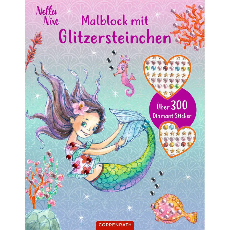 Illustrierte Meerjungfrau mit buntem Schweif, umgeben von Meeresbewohnern und Glitzerherzen auf lila Hintergrund.