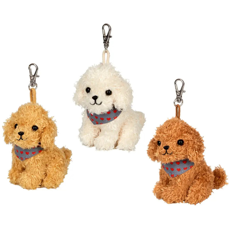 Drei Plüschhund-Schlüsselanhänger mit Halstuch und Metallverschluss in Beige, Weiß und Braun.