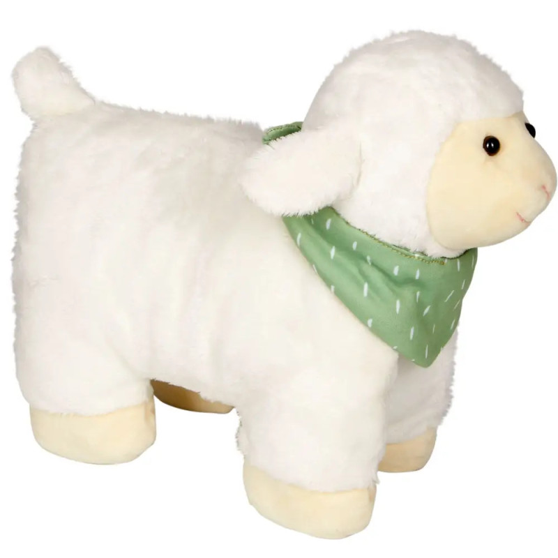Weißes Plüschlamm mit grünem Halstuch, nach rechts gewandt, auf weißem Hintergrund.