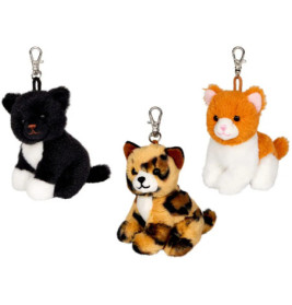 Drei Plüsch-Katzenanhänger in Schwarz, Braun gefleckt und Orange-Weiß, jeweils mit Metallclip oben.