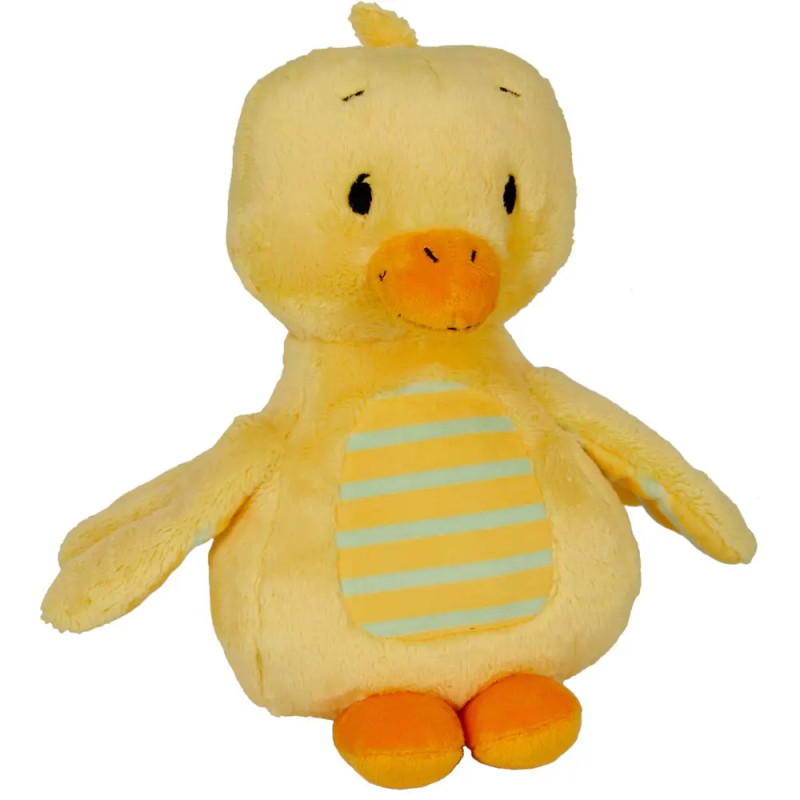 Gelbes Plüschentenkuscheltier mit orangenem Schnabel, Füßen und gestreiftem Fleck am Bauch.
