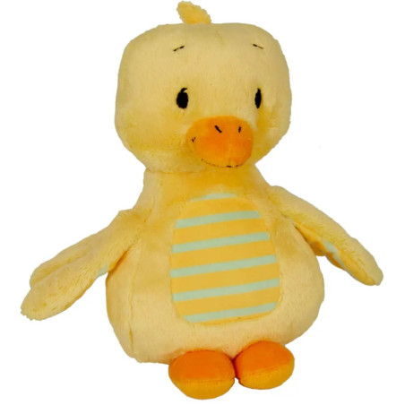 Gelbes Plüschentenkuscheltier mit orangenem Schnabel, Füßen und gestreiftem Fleck am Bauch.