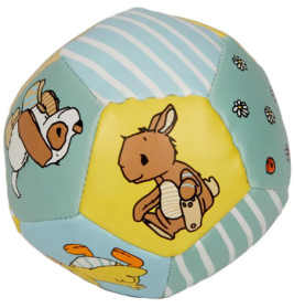 Weicher Spielzeugball mit Tiermotiven wie Hase und Hund auf pastellblauen, gelben und gestreiften Flächen.