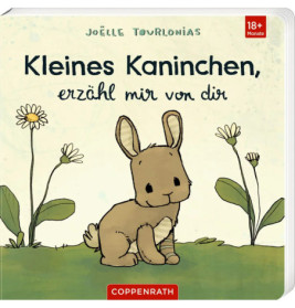 Cover eines Kinderbuchs mit einem niedlichen Kaninchen, Blumen und dem deutschen Titel: Kleines Kaninchen, erzähl mir von dir.
