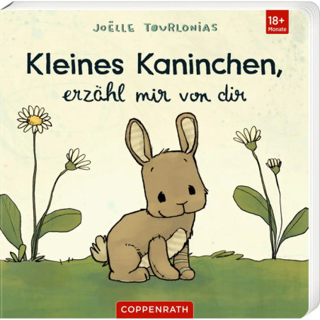Cover eines Kinderbuchs mit einem niedlichen Kaninchen, Blumen und dem deutschen Titel: Kleines Kaninchen, erzähl mir von dir.
