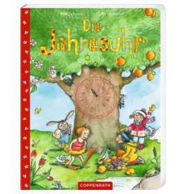 Kinder spielen unter einem Apfelbaum mit Saisonkalender am Stamm. Titel: Die Jahresuhr.