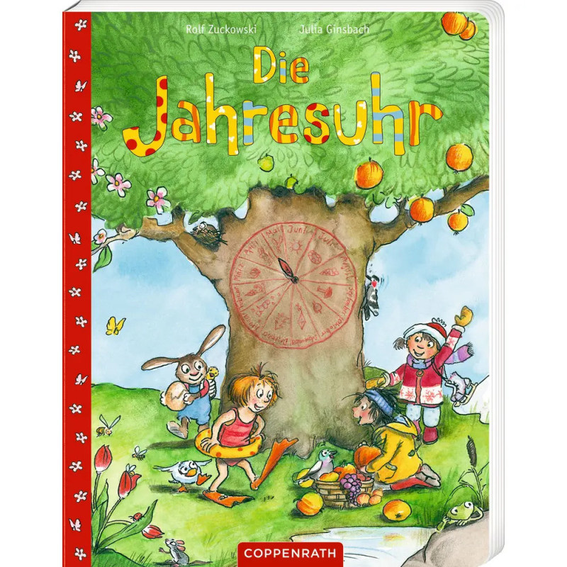 Kinder spielen unter einem Apfelbaum mit Saisonkalender am Stamm. Titel: Die Jahresuhr.