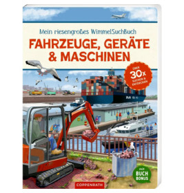 Kinderbuchcover mit Fahrzeugen, Maschinen und Bauarbeiten am Hafen, Frachtschiff und Bagger sind zu sehen.