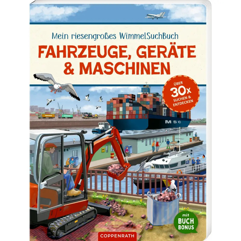 Kinderbuchcover mit Fahrzeugen, Maschinen und Bauarbeiten am Hafen, Frachtschiff und Bagger sind zu sehen.