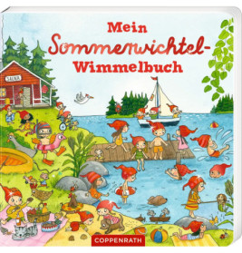 Buchcover: Elfen mit roten Mützen spielen am See, im Hintergrund Boote und ein Saunahaus.