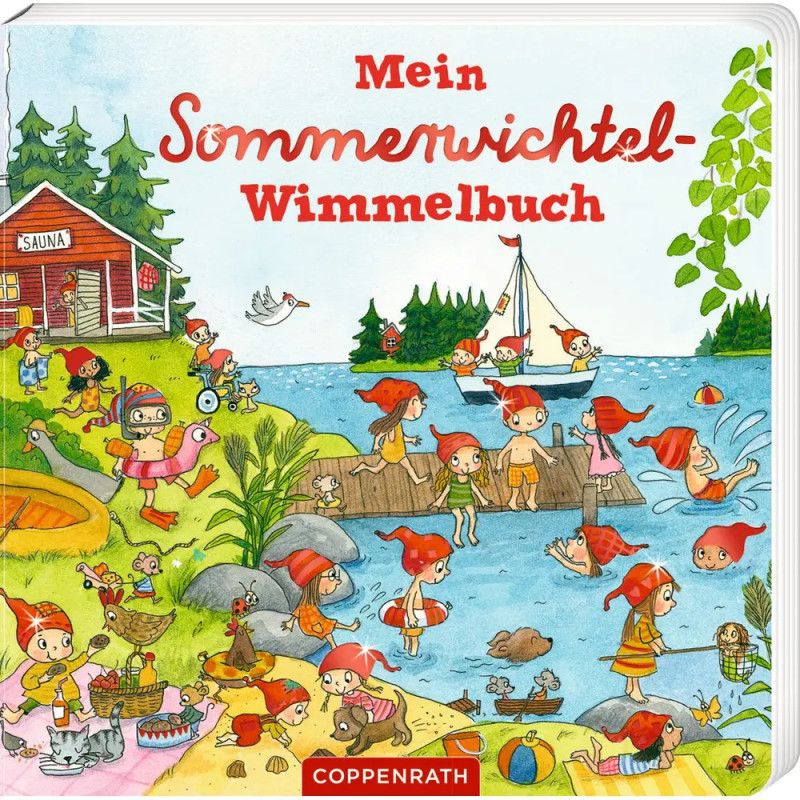 Buchcover: Elfen mit roten Mützen spielen am See, im Hintergrund Boote und ein Saunahaus.