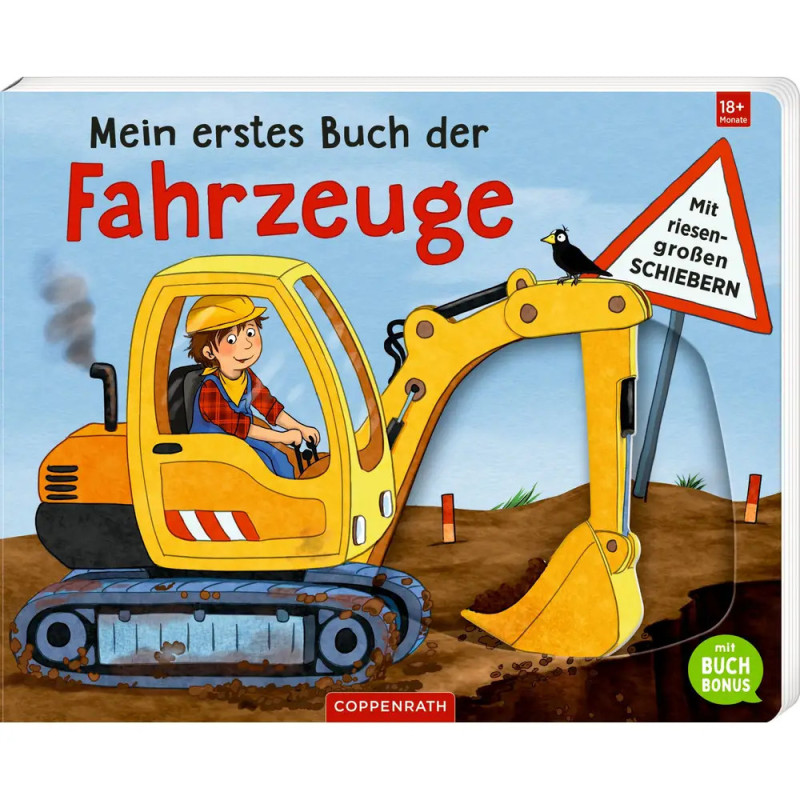 Ein Junge fährt einen gelben Bagger auf dem Cover eines deutschen Kinderbuchs über Fahrzeuge. Ein Junge fährt einen gelben Bagger auf dem Cover eines deutschen Kinderbuchs über Fahrzeuge.