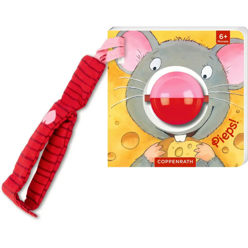 Kinderbuch mit einer Cartoon-Maus, rotem Nasenaufsatz und rot gestreiftem Band auf der linken Seite.
