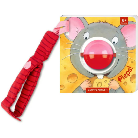 Kinderbuch mit einer Cartoon-Maus, rotem Nasenaufsatz und rot gestreiftem Band auf der linken Seite.