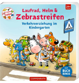 Cartoon-Tiere mit Warnwesten überqueren an einem Zebrastreifen vor einem Verkehrsschild die Straße.