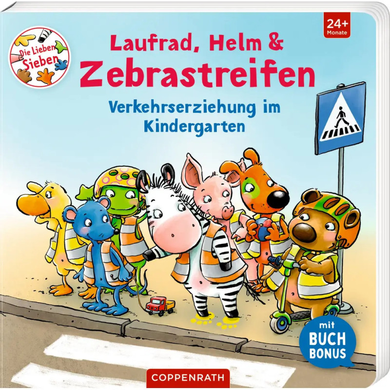 Cartoon-Tiere mit Warnwesten überqueren an einem Zebrastreifen vor einem Verkehrsschild die Straße.
