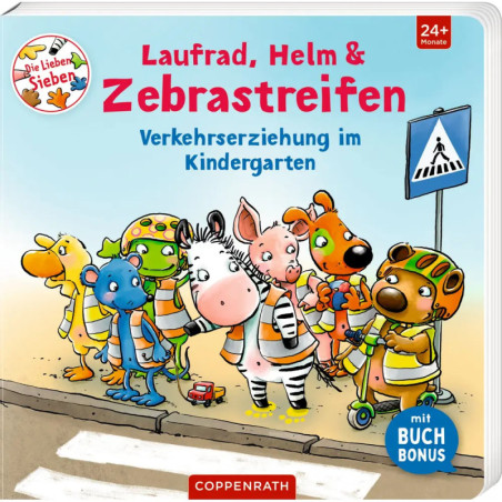 Cartoon-Tiere mit Warnwesten überqueren an einem Zebrastreifen vor einem Verkehrsschild die Straße.